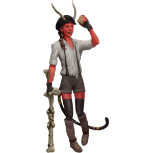 tiefling with a puzzle cube in one hand and a bone crutch in the other, toes turned inward