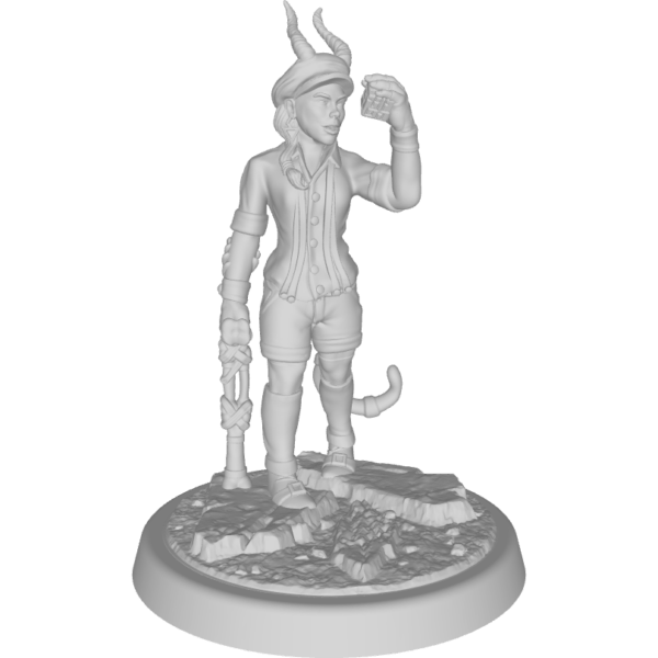 figure of A tiefling with a puzzle cube in one hand and a bone crutch in the other, toes turned inward
