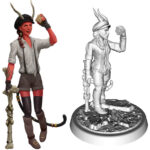 image & figure of A tiefling with a puzzle cube in one hand and a bone crutch in the other, toes turned inward
