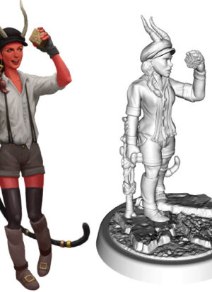 image & figure of A tiefling with a puzzle cube in one hand and a bone crutch in the other, toes turned inward
