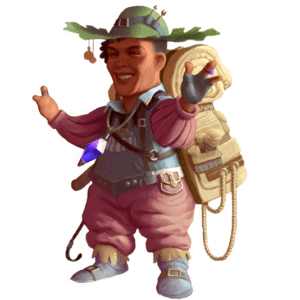 Gnome with shortened arms, 2 fingers on right hand; 3 fingers on left hand. Wearing pink & gray clothing, tan backpack, green wide-brimmed hat with attached small tools