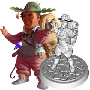 image & figure of Gnome with shortened arms, 2 fingers on right hand; 3 fingers on left hand. Wearing pink & gray clothing, tan backpack, green wide-brimmed hat with attached small tools