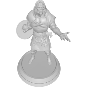 figure of half-orc in platemail with yellow accents, round shield strapped to handless right arm, ring hanging from necklace, 2 handaxes hanging on belt, embossed arms on breastplate