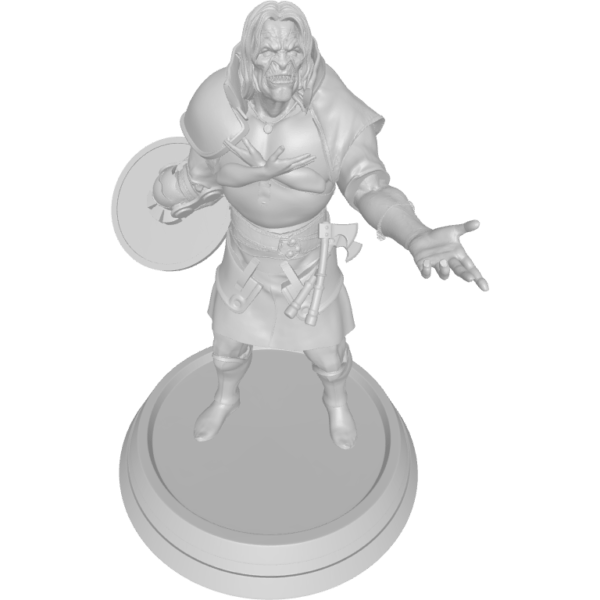 figure of half-orc in platemail with yellow accents, round shield strapped to handless right arm, ring hanging from necklace, 2 handaxes hanging on belt, embossed arms on breastplate