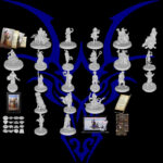 grid of disabled fantasy minis and devices depicting their art against a black background with the navy blue Wyrmworks dragon head logo