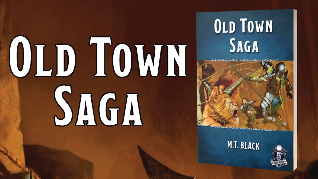 Old Town Saga by M.T. Black: 2 characters fighting a lion-like creature; bok mock-up