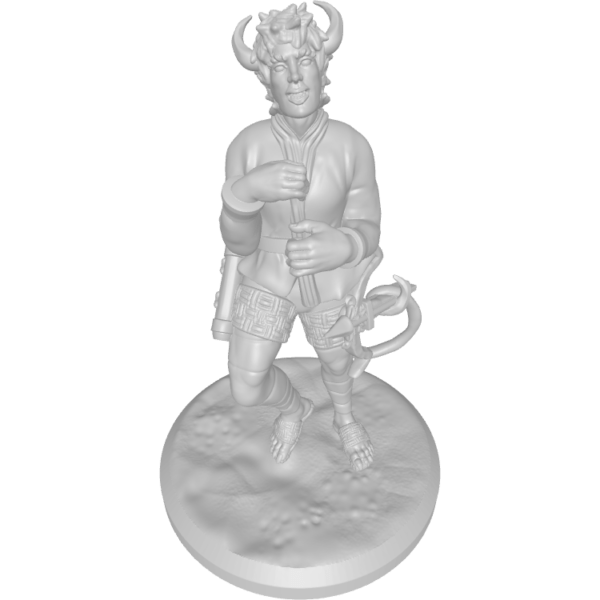 figure of a tiefling pulling a hand crossbow with his tail, crossbow mounted on his thigh, hands and arms constricted