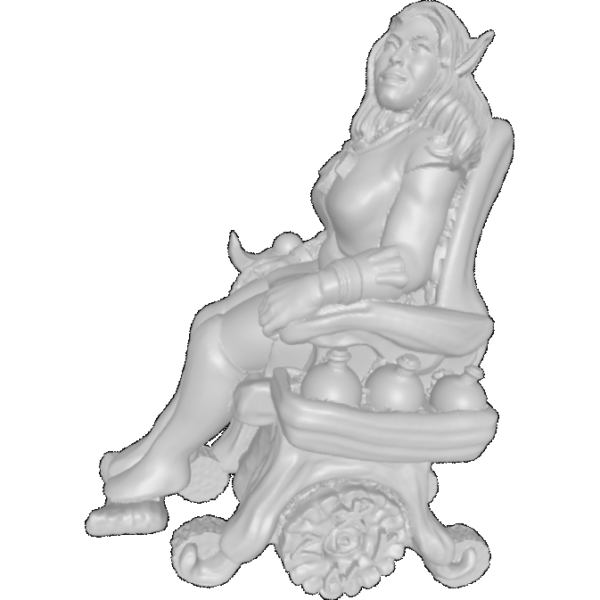 figure of elf with long brown hair, green leaf-motif dress, sitting in wooden wheelchair, 3 potion bottles in side pocket of wheelchair