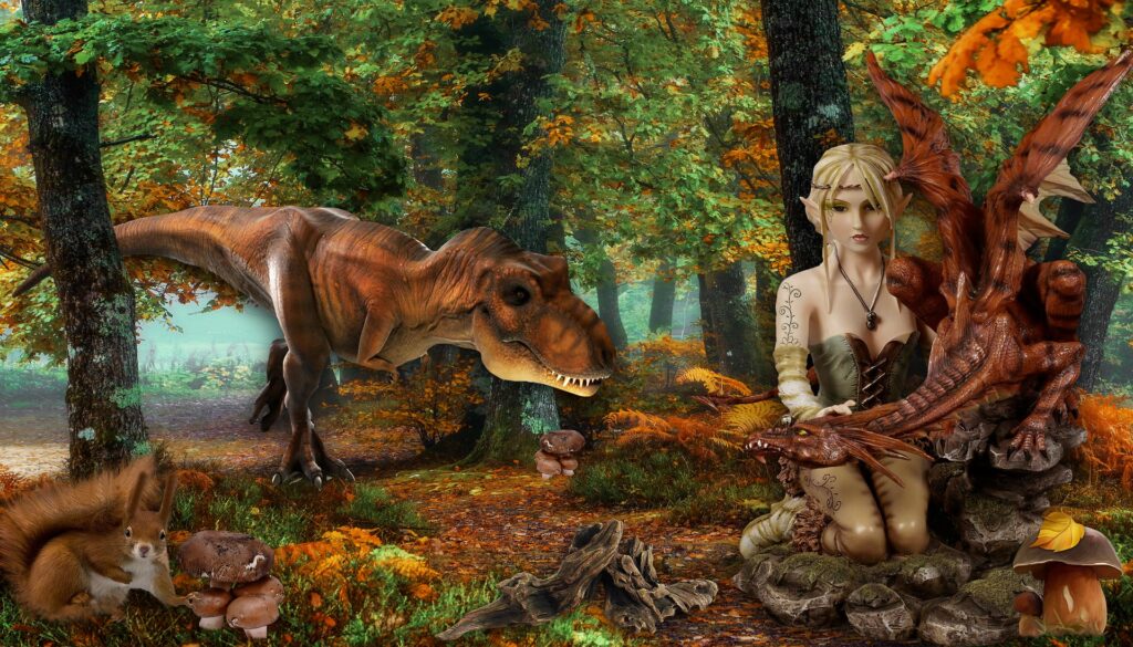 A light-skinned blond elf caresses a pseudodragon in the forest as a small tyrannosaurus that is walking toward them. A tall-eared red squirrel sits in the corner of the shot looking at the camera.