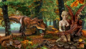 A light-skinned blond elf caresses a pseudodragon in the forest as a small tyrannosaurus that is walking toward them. A tall-eared red squirrel sits in the corner of the shot looking at the camera.