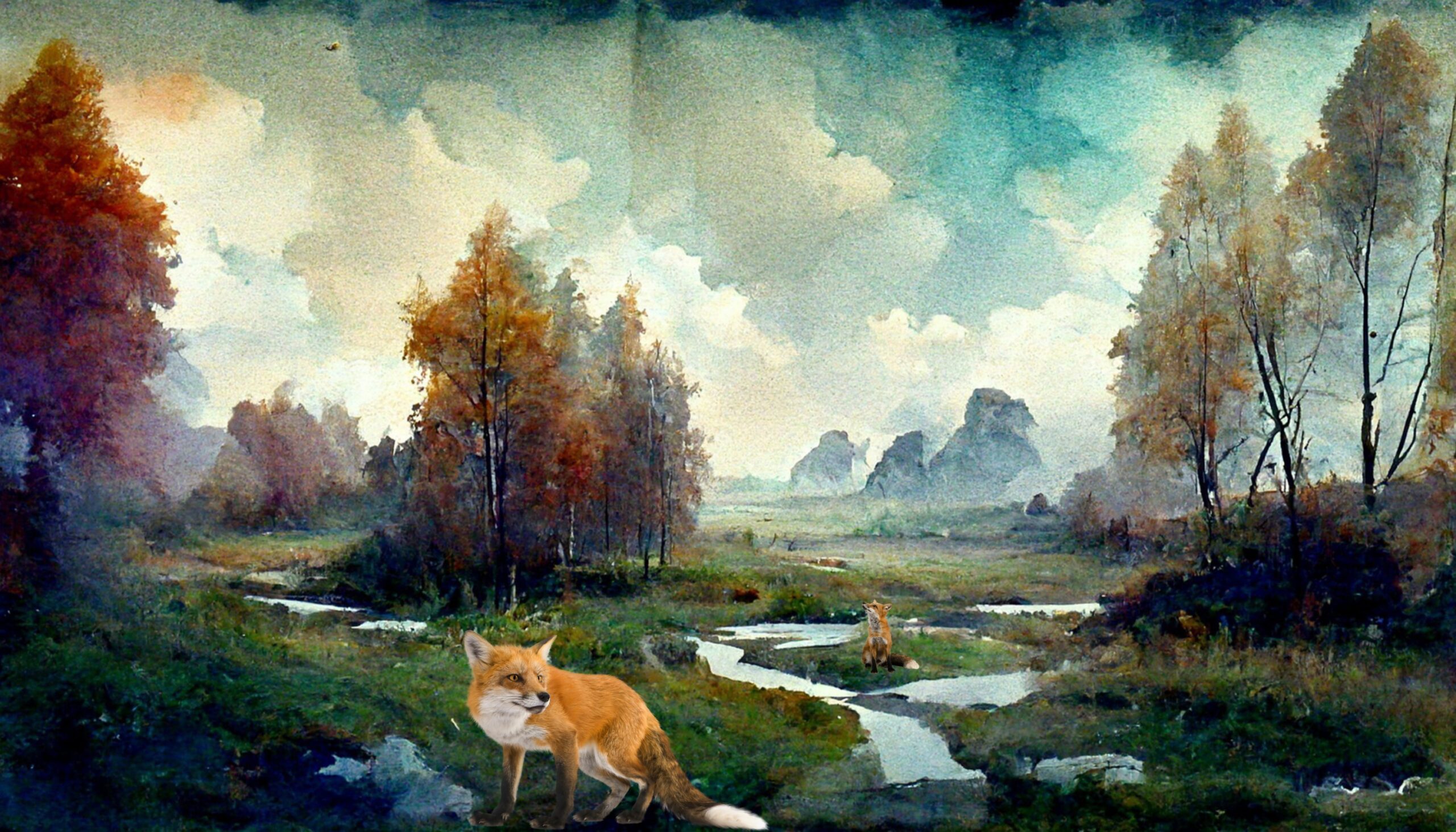 watercolor image of river flowing through forest, fall trees, 2 foxes