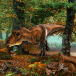 A small tyrannosaurus in the forest. A tall-eared red squirrel sits in the corner of the shot looking at the camera.