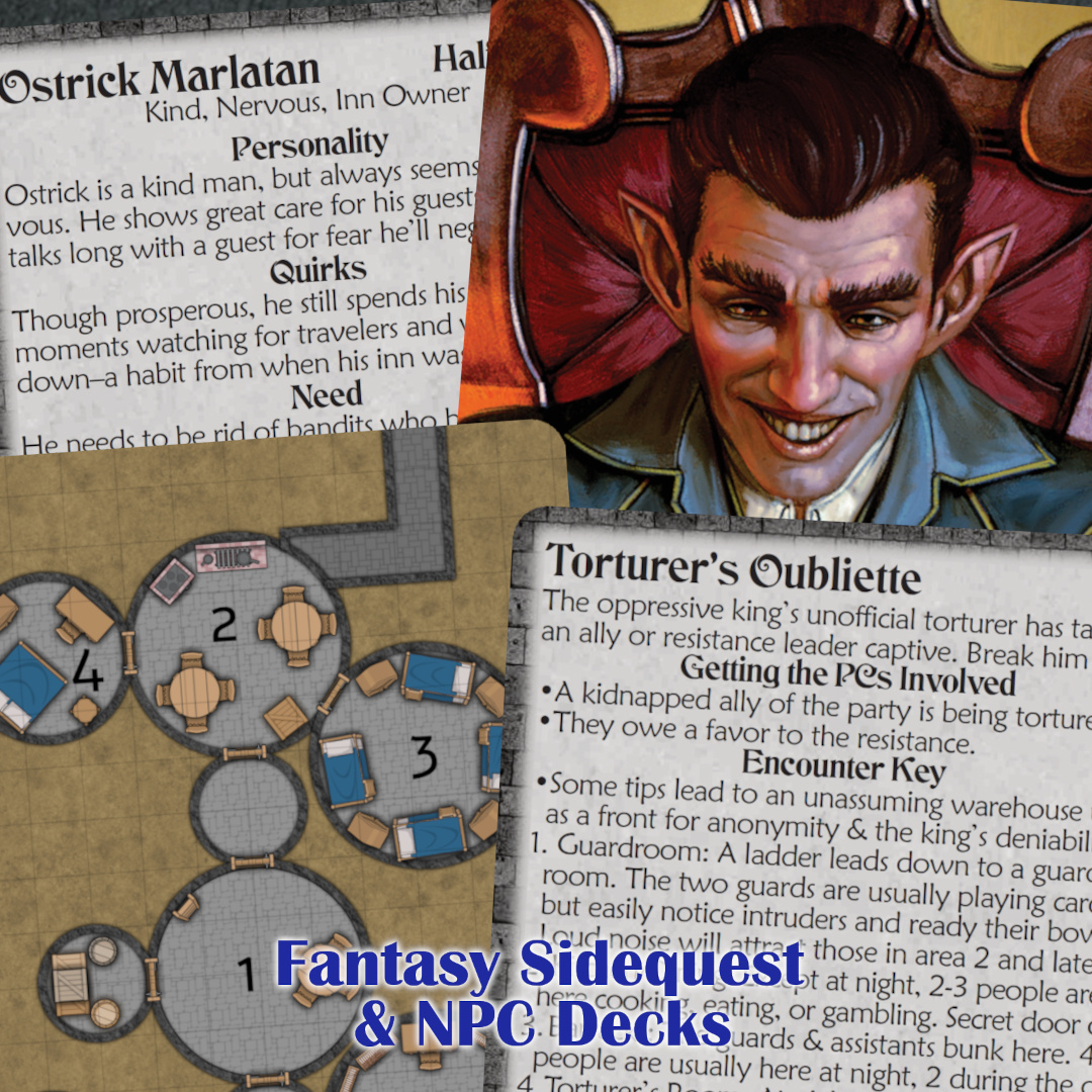 Fantasy Sidequest & NPC Decks: 4 quadrants showing front & back of each kind of card