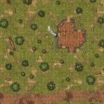 house in forest battlemap, tools and machinery on benches in house, dirt road on south edge, blue butterflies at top, 30x40 square grid