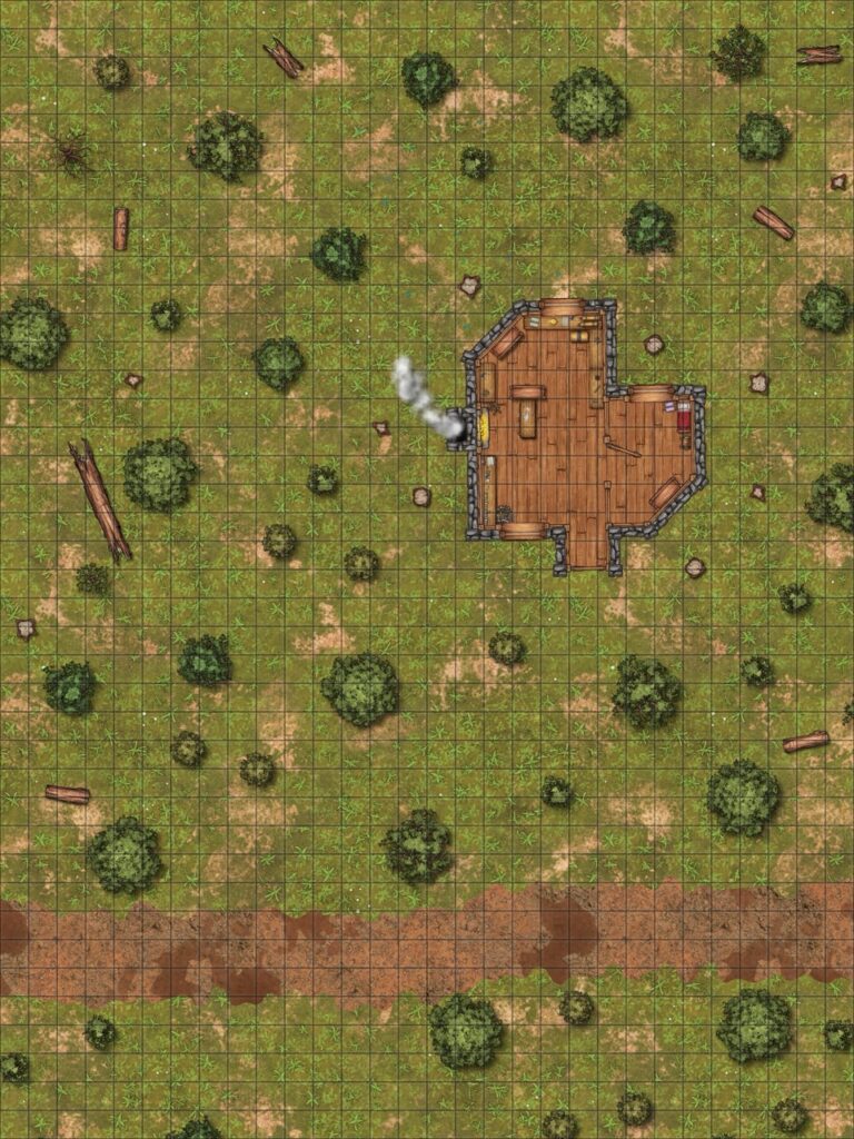 house in forest battlemap, tools and machinery on benches in house, dirt road on south edge, blue butterflies at top, 30x40 square grid