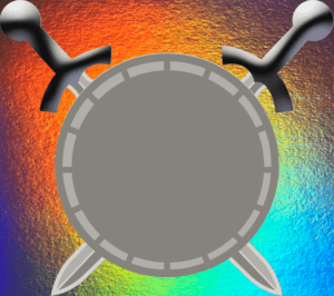 a circular shield with swords on it, rainbow iridescent background