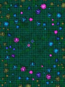 forest battle map with multicolor trees and a large plant and table and chairs of mushrooms, blue butterflies throughout, 30x40 square grid