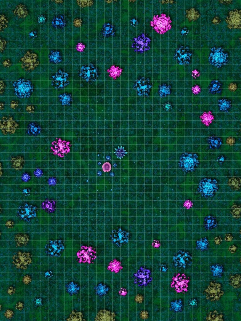 forest battle map with multicolor trees and a large plant and table and chairs of mushrooms, blue butterflies throughout, 30x40 square grid