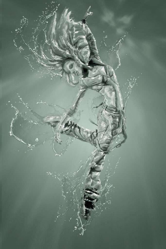 a person with long hair and a body of water dancing