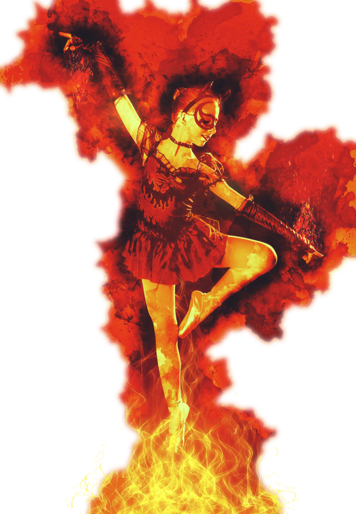 a ballerina wearing a devil mask and horns dancing over fire
