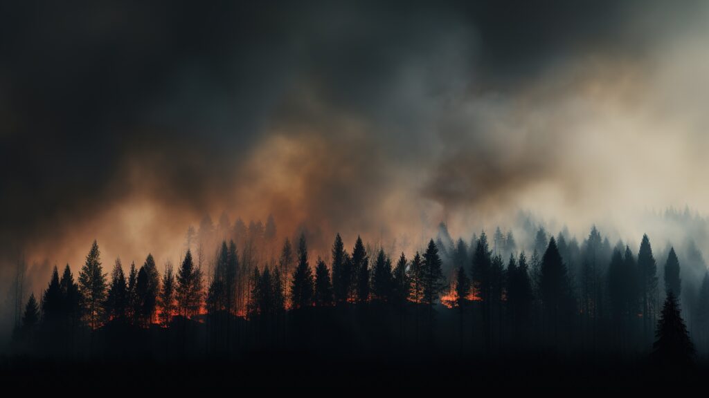 smoke rising above a coniferous forest fire