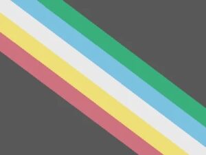 a “Straight Diagonal” version of the Disability Pride Flag: A muted black flag with a diagonal band from the top left to bottom right corner, made up of five parallel stripes in red, gold, white, blue, and green