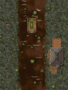 Animated Battle map of a house in a muddy river, showing interior of house and roof of barn away from muddy water