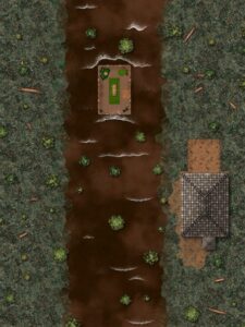 Battle map of a house in a muddy river, showing interior of house and roof of barn away from muddy water