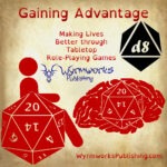 Gaining Advantage: Making Lives Better through tabletop role-playing games; Wyrmworks Publishing Logo; Disability symbol with wheelchair wheel replaced by d20; Brain with embedded d20; black D8 logo