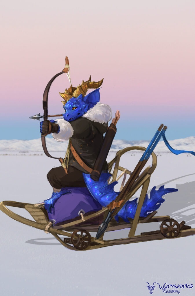Blue dragonborn with dwarfism sitting on a sack in a wheeled sled aiming a shortbow, 2 javelins in sled on snow, sunset background