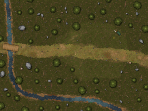 battle map of a dirt road through a conifer forest, a creek a creek with a wooden bridge at the road flows along the bottom and curves up the right side, a clearing in the top center, 60x80 square grid