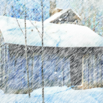 A small wooden cabin in the woods during a snowstorm
