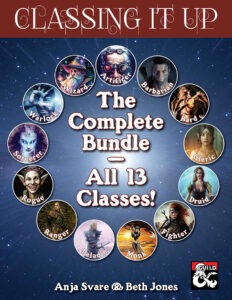 a circle of fantasy faces against a blue starlight background: Classing It Up Artificer Wizard Warlock Sorcerer Rogue The Complete Bundle All 13 Classes! Ranger Paladin Monk Fighter Druid Cleric Bard Barbarian Anja Svare & Beth Jones DMs GUILD logo