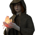 young ginger woman in lacy wool cloak holding glowing orange tentacled flower in palm, looking at it in awe
