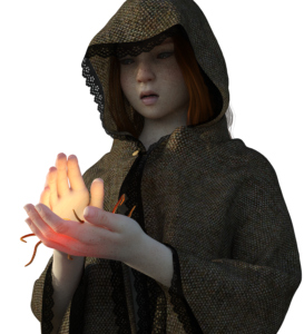 young ginger woman in lacy wool cloak holding glowing orange tentacled flower in palm, looking at it in awe