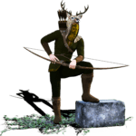 a person with a deer head hood holding a bow and arrow, one food on a gray stone block