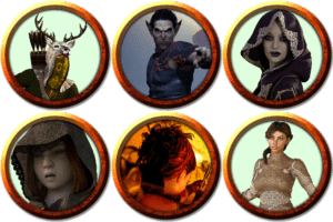 6 round tokens of fantasy charcters