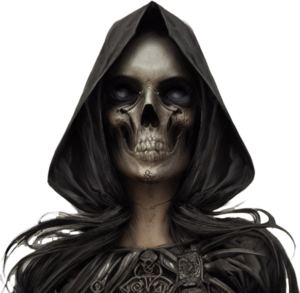 hooded skull with long black hair
