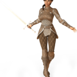 a woman in padded armor holding a longsword