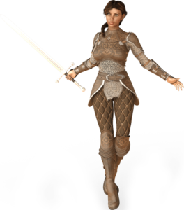 a woman in padded armor holding a longsword