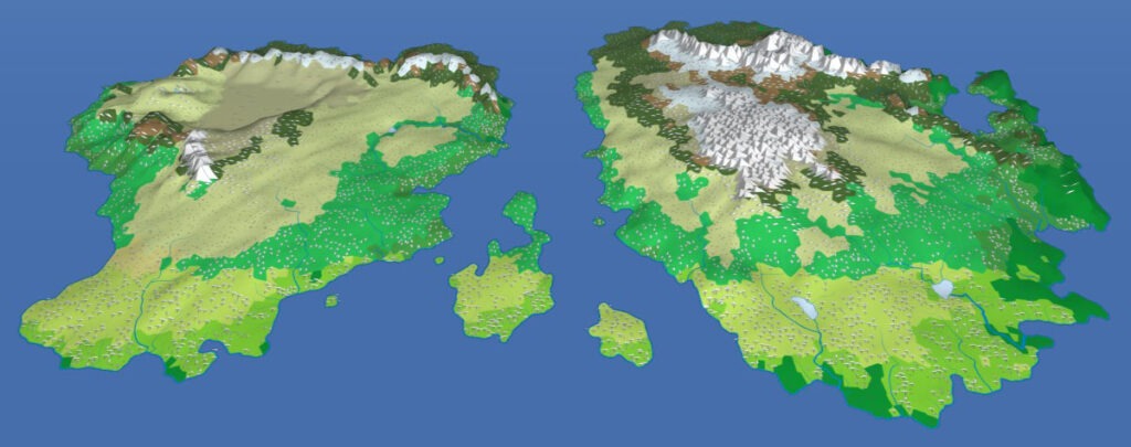 a 3D isometric biome relief map of the continent of Andovir