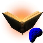 an open book with an orange glow behind it, indigo-scaled bean-shaped Patreon P in bottom right corner