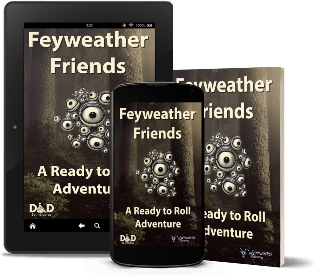 mock-up of iPad, iPhone, and demi-sized softcover book; Feyweather Friends: A Ready to Roll Adventure; grey eye cluster against wooded background