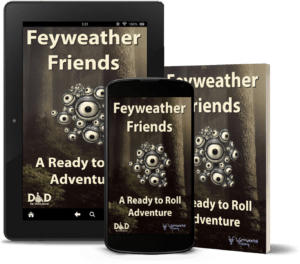 mock-up of iPad, iPhone, and demi-sized softcover book; Feyweather Friends: A Ready to Roll Adventure; grey eye cluster against wooded background