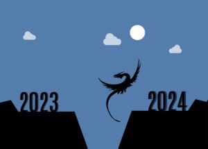 dragon silhouette flying over a ravine from 2023 to 2024, blue sky background