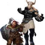 dwarf with a shield and ax with a minotaur in kilt