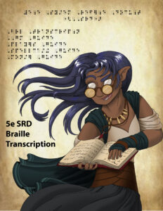 elf with cataracts and amber glasses holding and reading a spellbook with the text of the fireball spell written in braille; sepia paper background, braille above listing the included guides, 5e SRD Braille Transcription