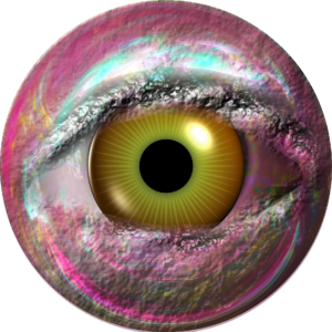 Iridescent pink ball with a hazel eye in the middle