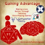 Gaining Advantage: Making Lives Better through tabletop role-playing games; Wyrmworks Publishing Logo; Disability symbol with wheelchair wheel replaced by d20; Brain with embedded d20; UniversityXP and Games Based Learning Alliance logos