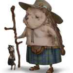 an anthropomorphic hedgehog wearing a green hat, green and blue plaid kilt, and sandals holding a walking stick, standing next to a waste-height goth satyr.